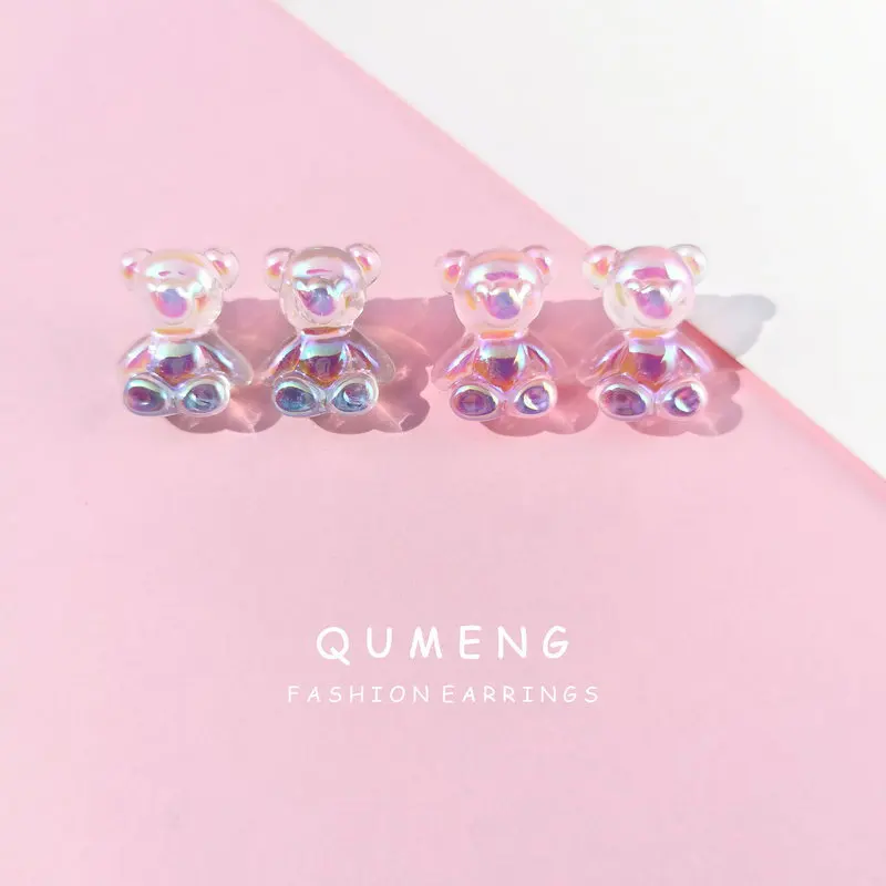 

QUMENG Laser colorful Cute Mini Bear stud Earrings small Cartoon bear candy girls Resin earring for women 2020 Jewelry Ear clip