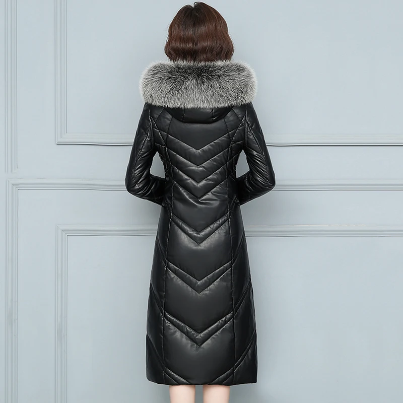 New Women Leather Down Jacket Autumn Winter 2022 Fashion Warm Hooded Real Fox Fur Collar Slim Long Sheepskin Down Coat  Female