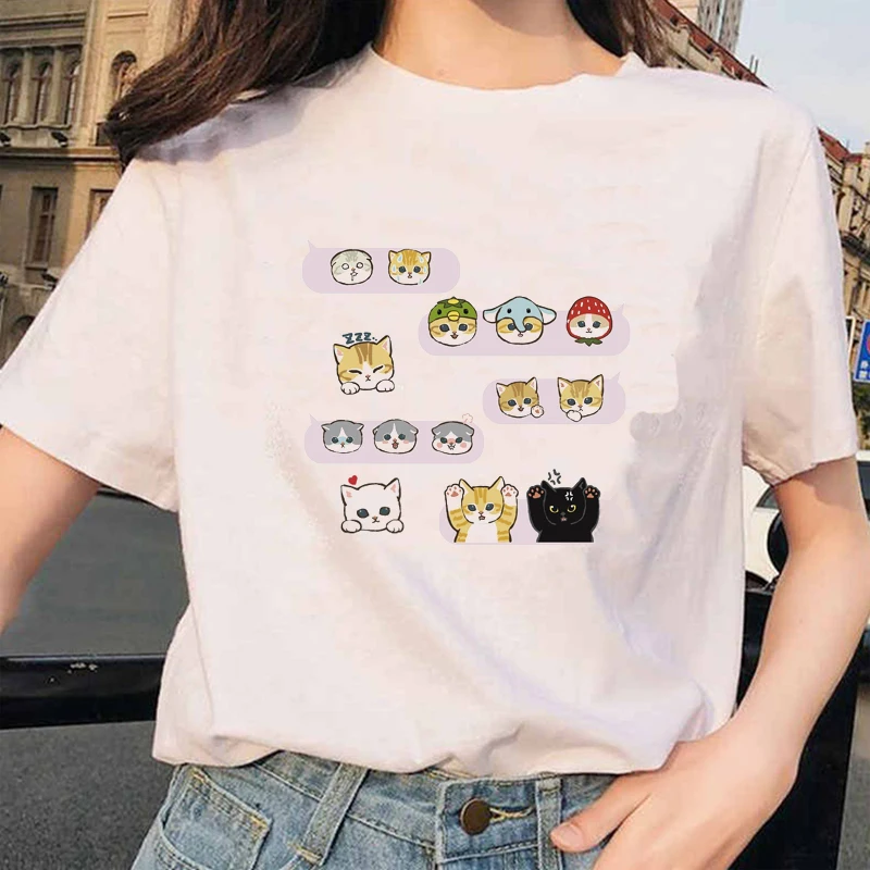 

Kawaii Cat Cartoon Print Women T-shirt Fashion Graphic Printed Round Neck T-shirt Female Casual Oversize Top 30644