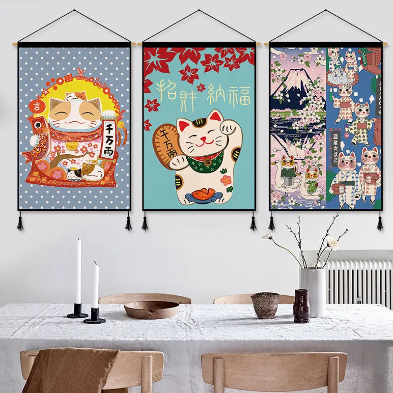 

Japanese Style Fortune Cat Wall Paintings Fujiyama Scroll Painting Room Decor Aesthetic Tapestry Living Room Bedroom Decoration