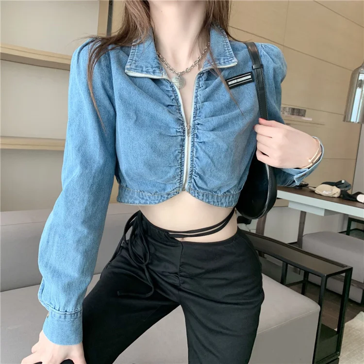 

Denim Jacket for Women Early Autumn Small Western Style Youthful-looking Korean Style Midriff Outfit Zipper