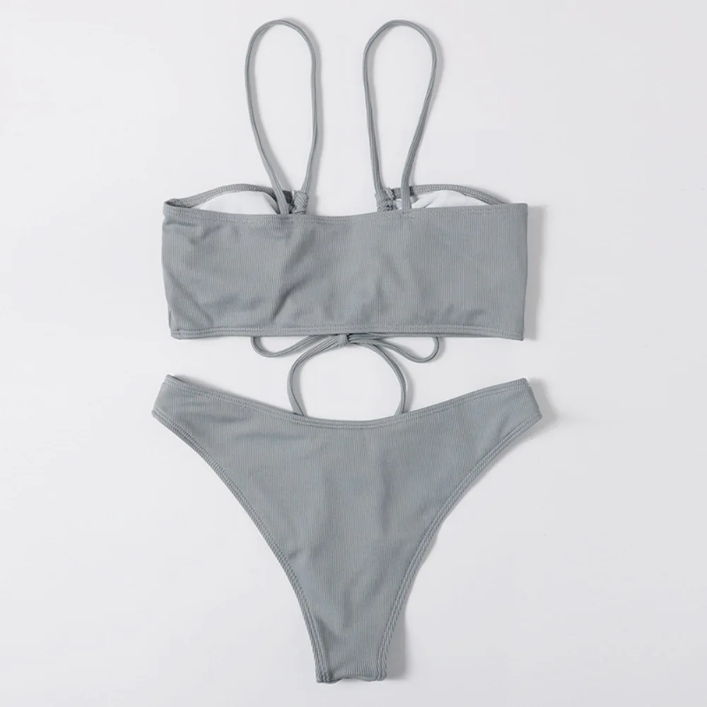 

Women Strapped Bikini Grey Srting Swimwear Brazilian Thong Bikini Swimsuit Ribbed Beachwear Sport Swimsuit Beachwear