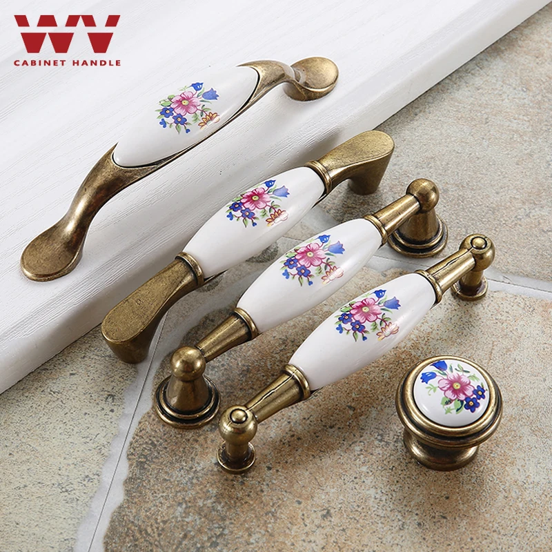 WV Европейский синий цветок керамическая ручка винтажный шкаф керамика для