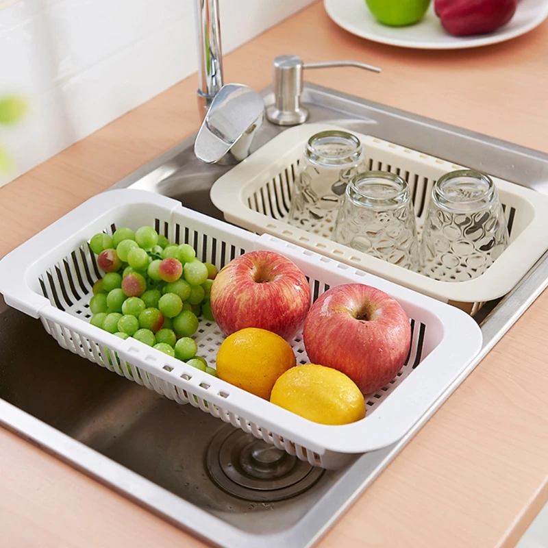 

X7AB Retractable Kitchen Sink Drain Basket Rectangle Plastic Dish Rack Sink Filter Fruit Vegetable Drain Case Household