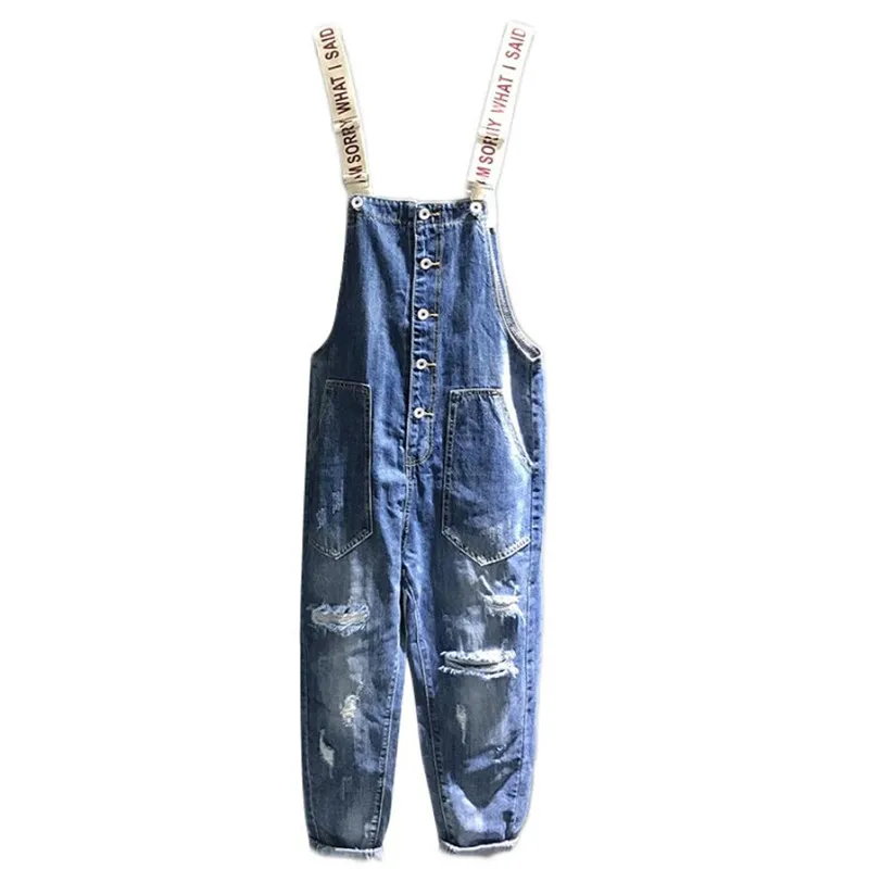 Streetwear Overalls Jeans Women Loose Bib Pant Female Fashion Hole Jeans Classic Jumpsuit combinaison femme q395
