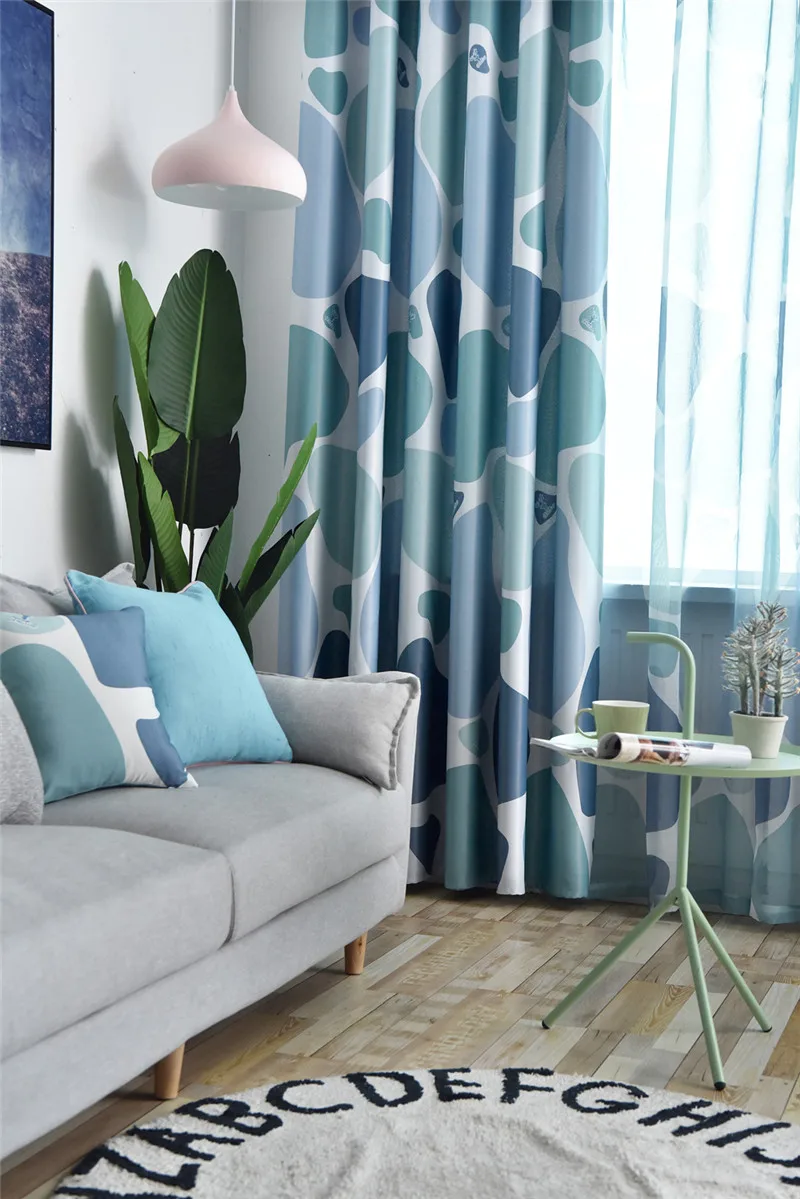 Blue Cobblestone Printed Curtains Shading Fabrics for Living Room Modern Yellow Blackout Curtains Water Ripple Curtain WP419#20