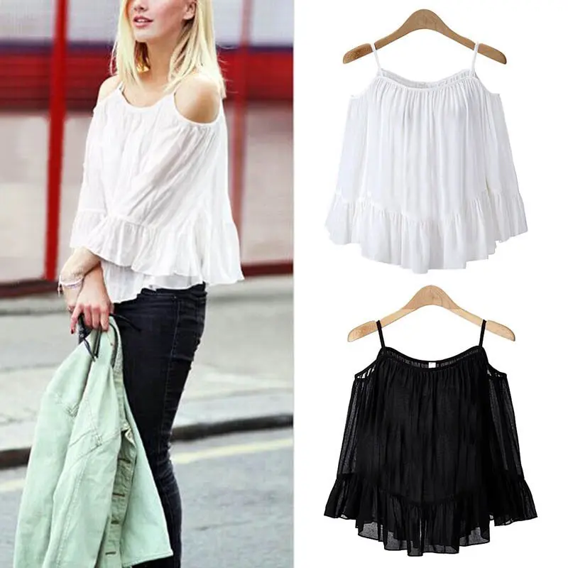

Women 2020 New Fashion All-match Casual Long-sleeved Loose Ruffled Chiffon Shirt Off-shoulder Stitching Halter Top Blouse