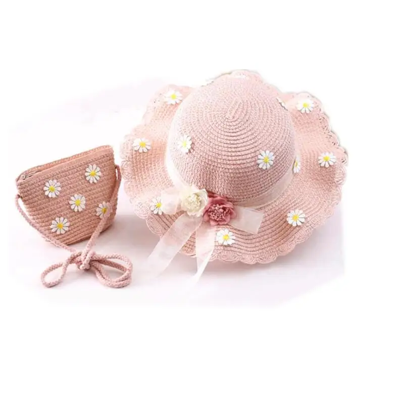 Шляпа соломенная детская летняя розовая с кружевными лентами Кепка козырьком от