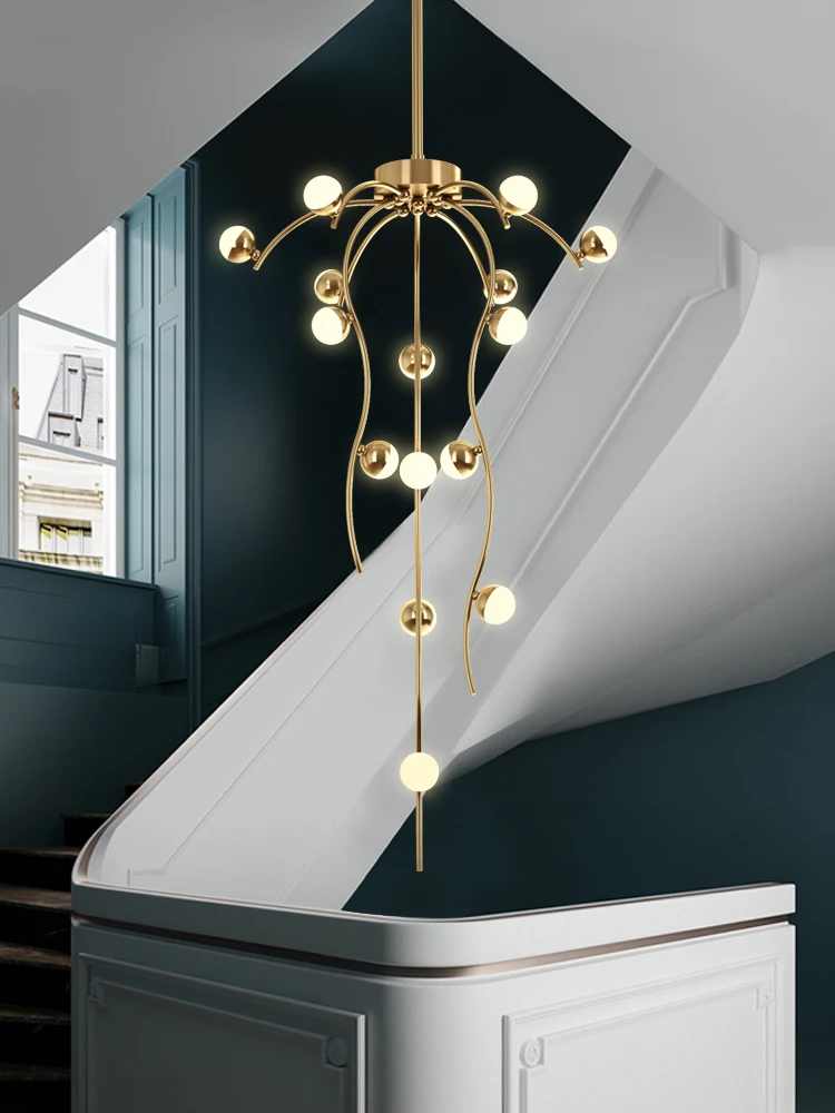 

Staircase modern minimalist light luxury empty living room lamp creative double floor all-copper villa duplex floor chandelier