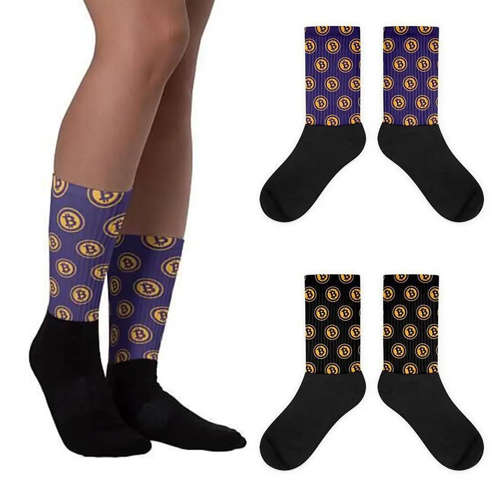 

Creative Bitcoin Print Color Block Men Socks Women Socks Breathable Middle Tube Crew Socks
