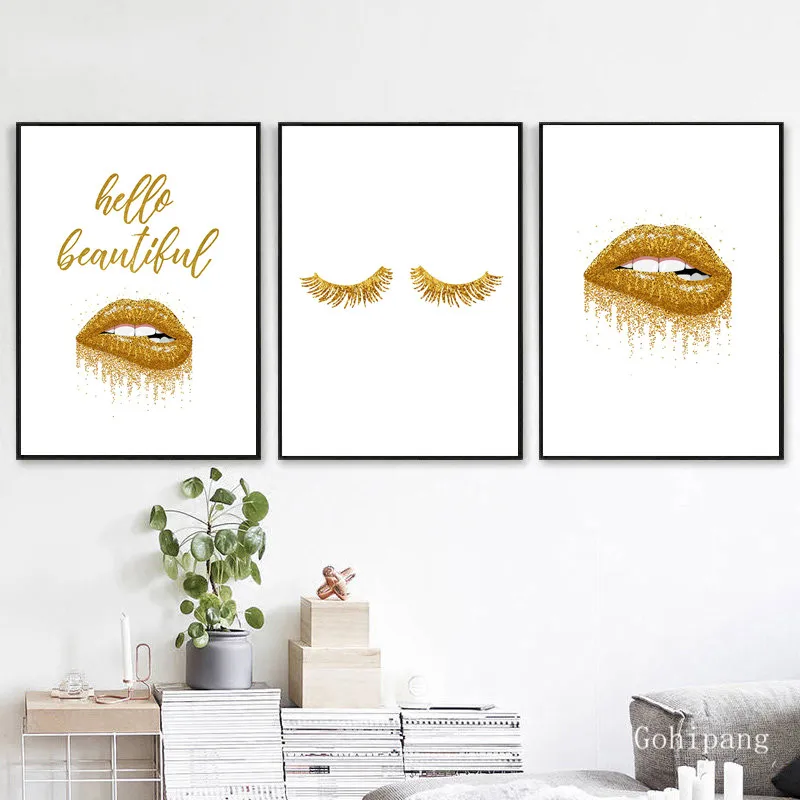 Модная художественная стена с цитатой Золотой капелькой губ розовые плакаты и