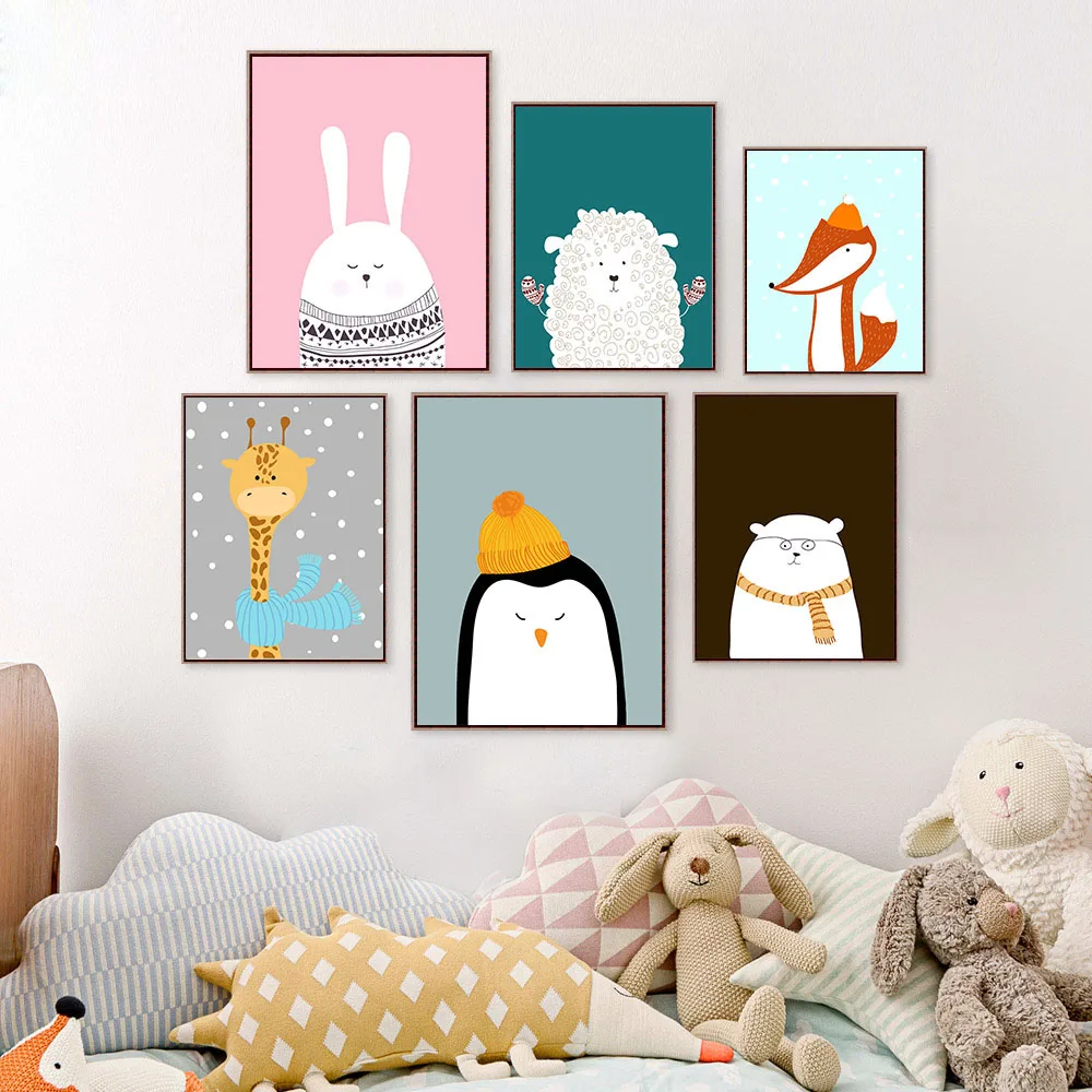 Постер в скандинавском стиле с изображением животных оленя медведя пингвина