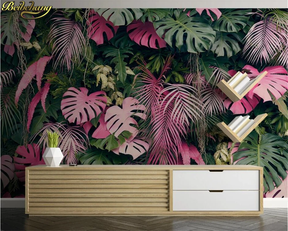 Пользовательские 3d обои росписи розовый зеленый тропический лес фон стены papel де