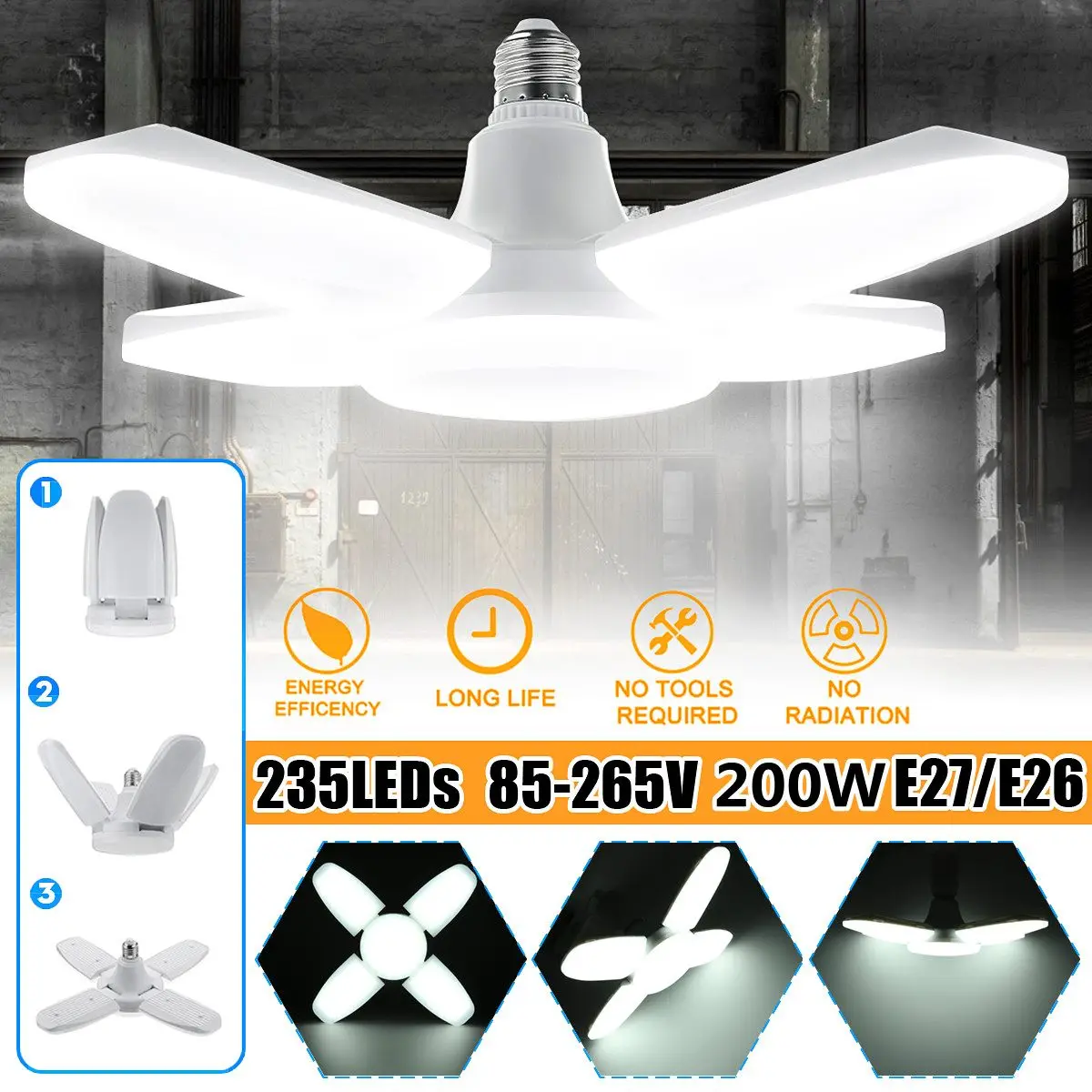 

200W E26/27 Led Lamp Led Bulb Led Industrial Light Bulb AC85-265V Foldable Fan Blade Light Lighting for Living Room Garage Light