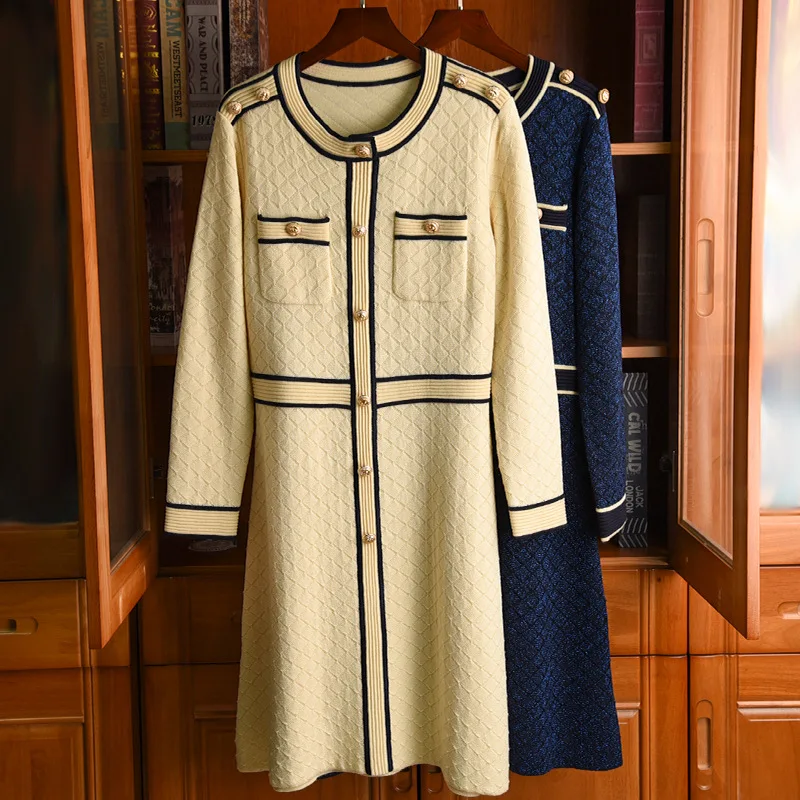 

Autumn New 2021 Women Casual Patchwork 53% Wool Knitted Long SLeeve Fashion Dress 2 Color