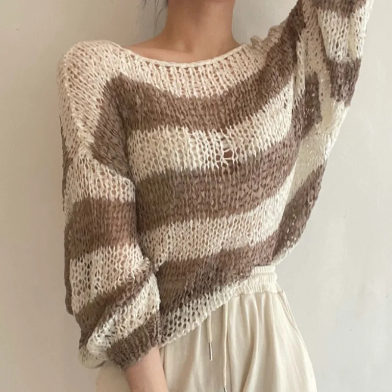 Винтажный Тонкий полосатый вязаный свитер с вырезом лодочкой и длинным рукавом