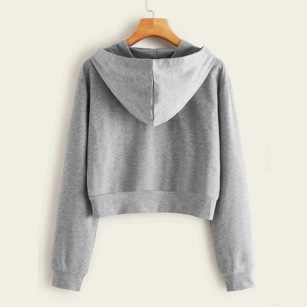 Hoodie Women Cropped Hoodies Sweatshirt Streetwear Women Casual Solid Long Sleeve Zipper Pocket Shirt Hooded Sweatshirt Tops