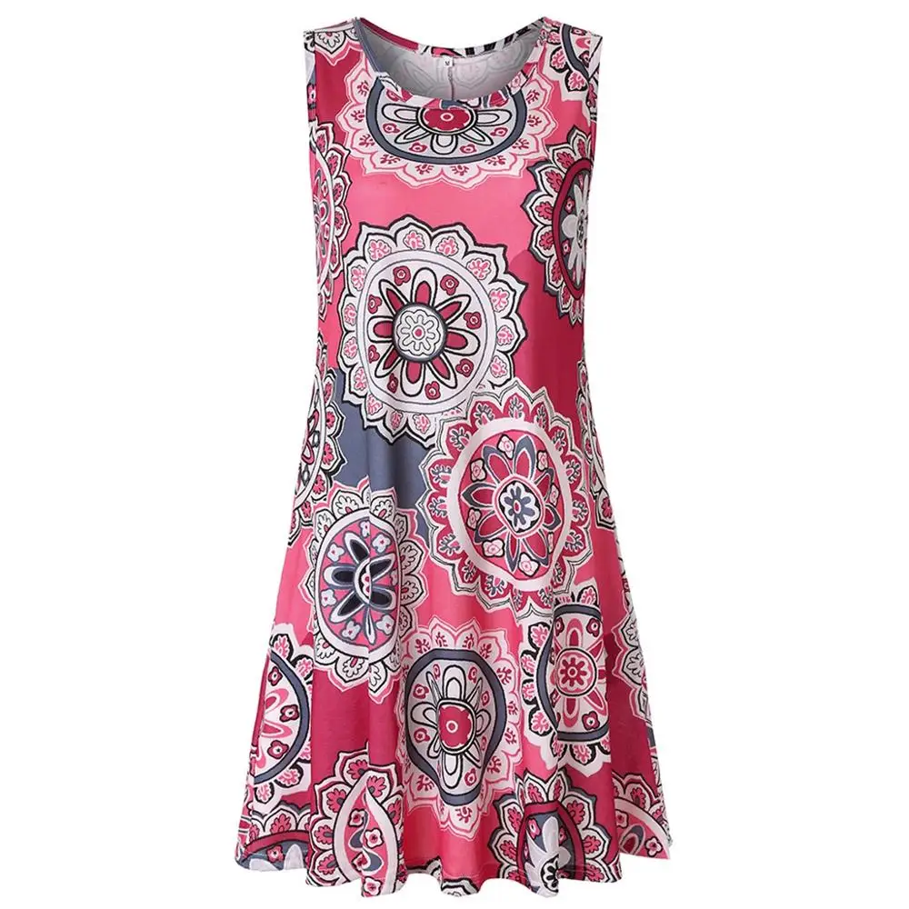 

Women Casual Dress Round Neck Pocket Sleeveless Polyester Geometric Patterns Print Loose Summer Beach Party Dresses Femme