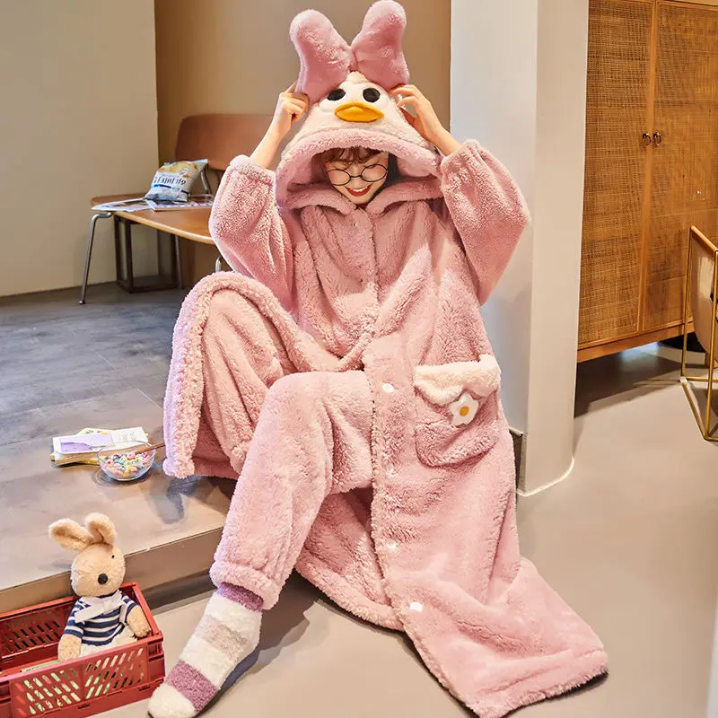 Autumn and Winter Robe Female Thickened Models Coral Fleece Pajamas Female Suit Home Wear Plus Velvet Facecloth Warm Sleepwear