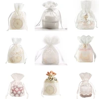 12pcs lace jewelry drawstring organza bags whitebeige candy packaging bags wedding gift bags dragee pouches craft packages