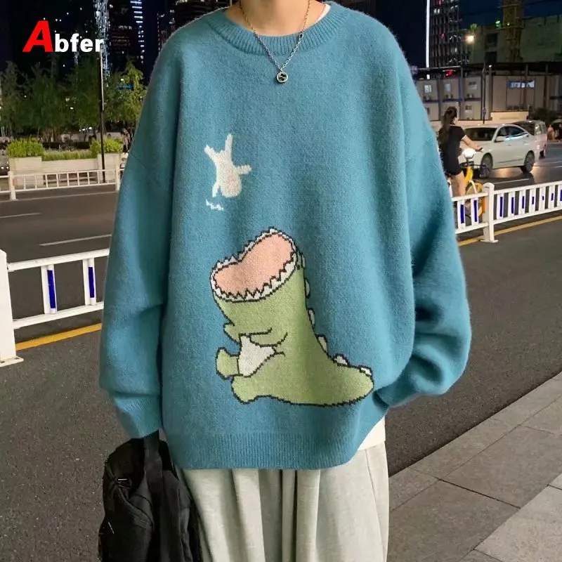 

Свитер Abfer Мужской трикотажный в японском стиле, с рисунком динозавра, Осень-зима 2021
