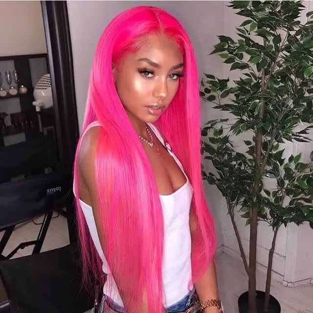 

Dark Pink Long Straight 13x5 Lace Front Glueless Rose Pink Wig Pre-Pluck Hairline Virgin Human Hair 180 Density