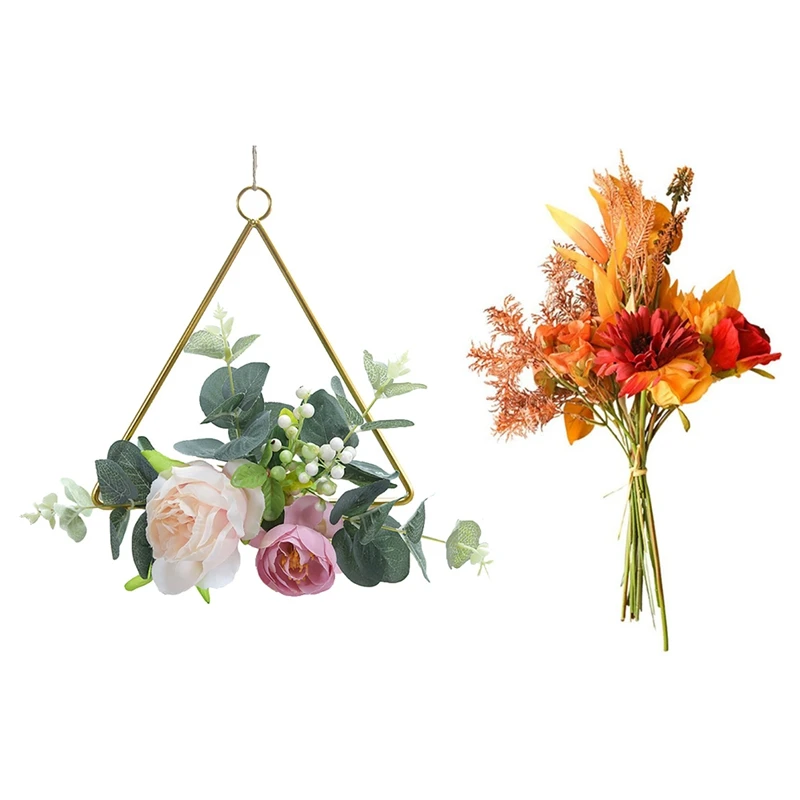 

2PCS Floral Hoop Wreath Garland Artificial Rose Flowers Metal Ring Hoop with Gerbera Daisy Artificial Flowers Bouquet