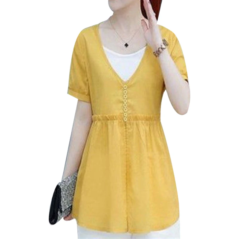 

Women's Spring Summer Style Chiffon Blouses Shirt Women's Solid Color Button V-neck Short Sleeve Elegant Loose Tops SP099