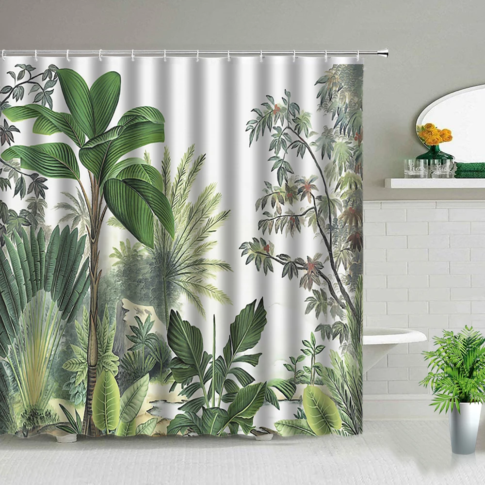 Тропическая зеленая занавеска для душа с рисунком листьев растений и пальм экран