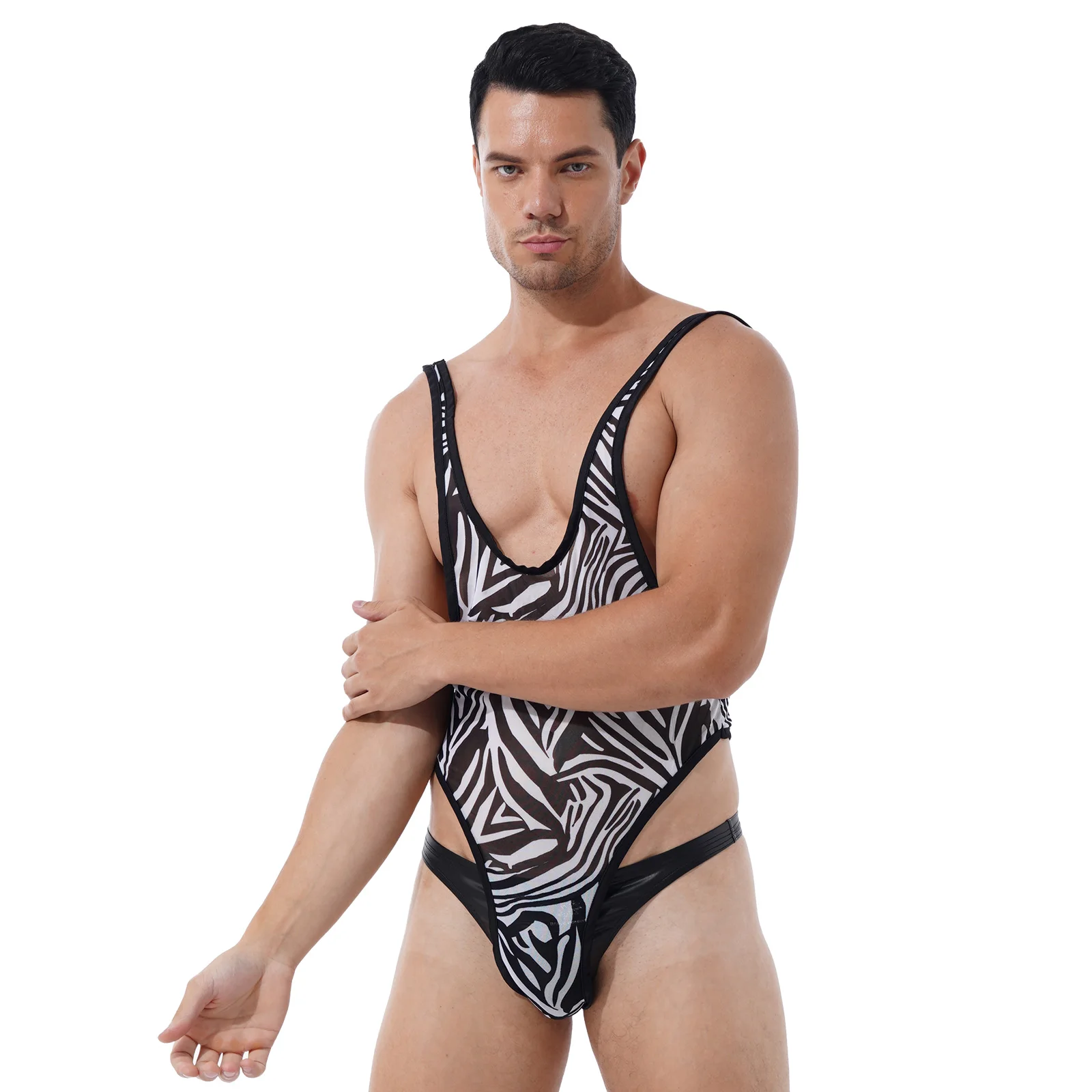 Мужское эротическое нижнее белье купальник боди прозрачная сетка Зебра