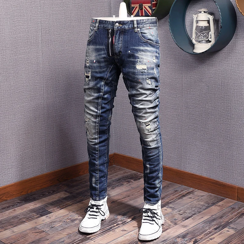 

Italian Style Fashion Men Jeans Retro Blue Elastic Cotton Ripped Jeans Men Vintage Spliced Designer Hip Hop Biker Pants Hombre