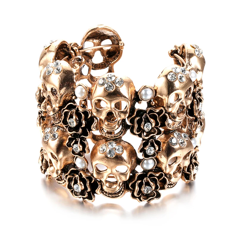 

Wbmqda панк Розовый Череп манжета браслет для женщин мужчин модный античный золотой кристалл жемчуг супер большой браслет аксессуары вечерние