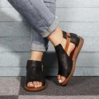 Сандалии женские в ретро-стиле, римские босоножки на плоской подошве, с открытым носком, на липучках, удобная однотонная обувь из искусственной кожи, размера плюс, 2020
