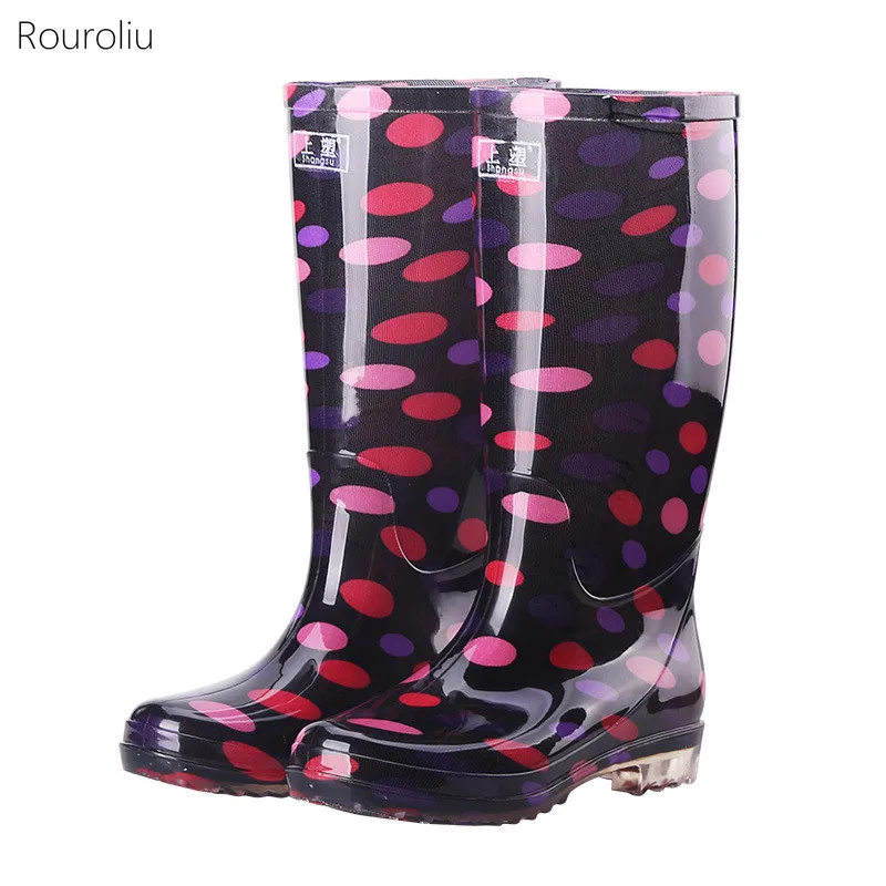 New Fashion Printing Knee-High Rain Boots Women Non-slip Waterproof Work Water Shoes Female Light Comfort PVC Rainboots