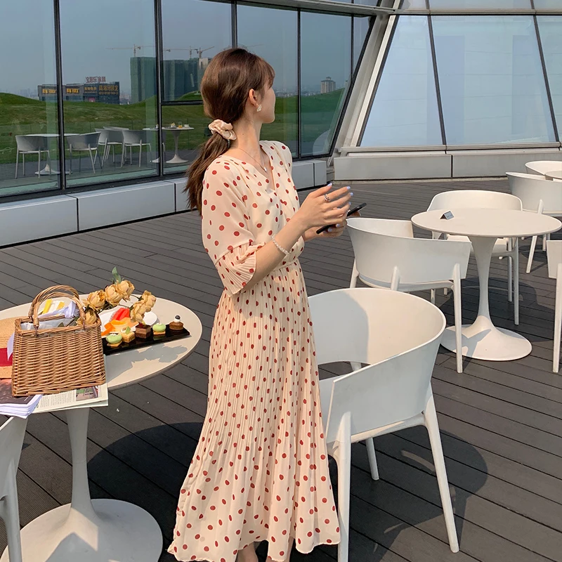 

COIGARSAM Polka Dot Women dress Chiffon Flare Sleeve V-Neck Dresses 7349