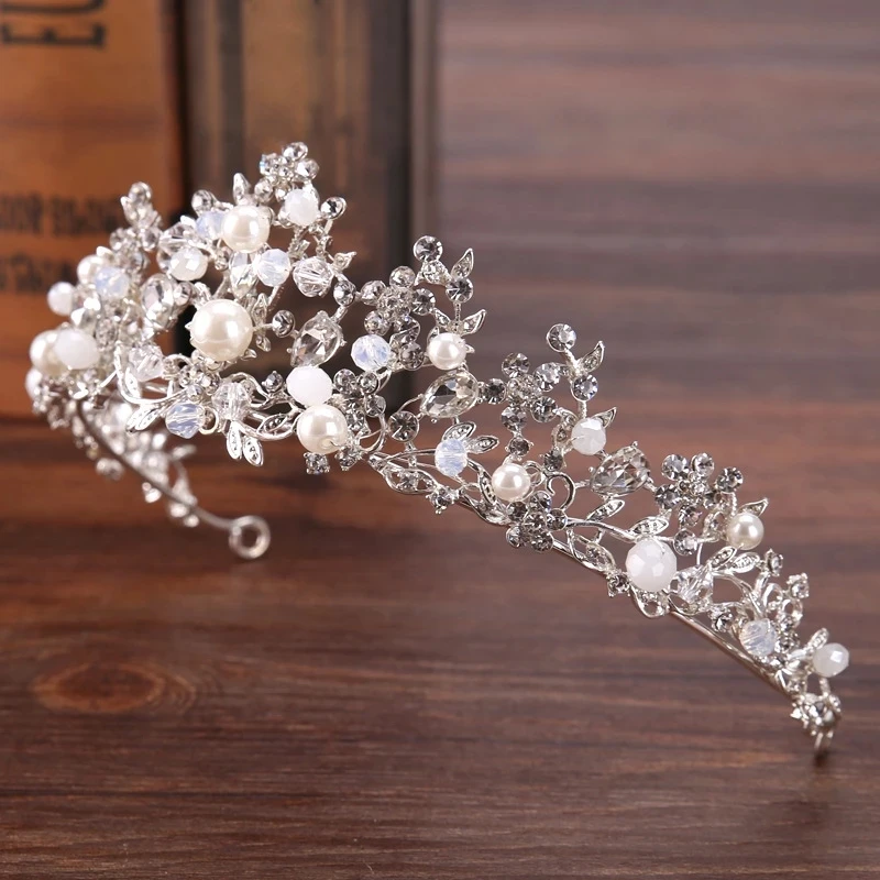 

Fashion Romantic Bride Pearl Zircon Handmade Crown Silver Jewelry Princess Crown Wedding Jewelry Hair Accessories Birthday Crown