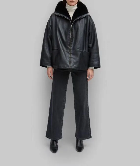 Черная укороченная Двусторонняя кожаная куртка Анси с подкладкой из