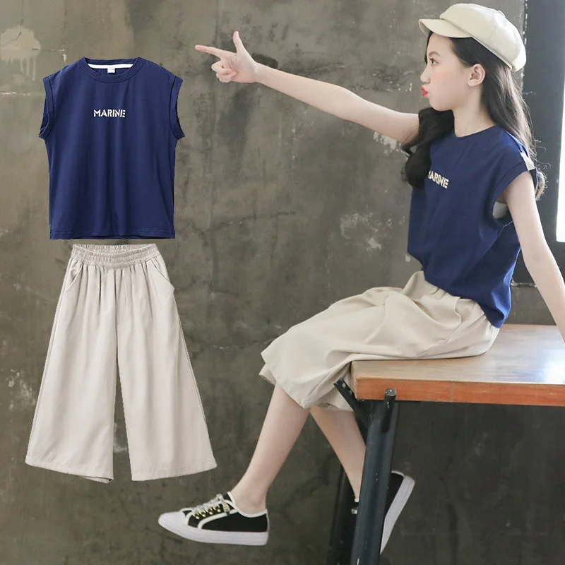 

Children Clothing Sets Summer Girls Sports Suit Cotton Short Sleeve T-shirt+Wide-legged Pants 2Pcs Girls Clothes 10 12 13 Years
