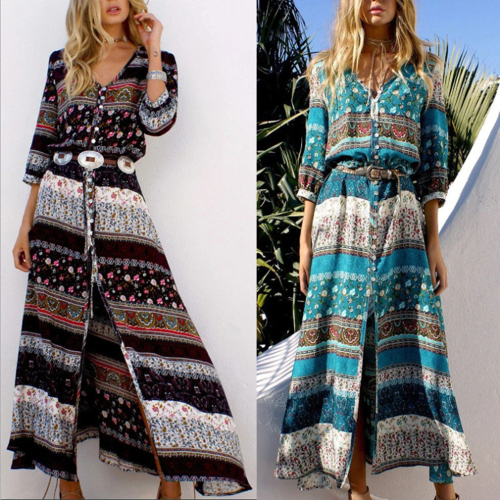

2021 Summer Temperament Beauty Bohemian Dress Long-sleeved Midi Split Pleated Dress V-neck Beach Dress Vestido De Mujer Elegant