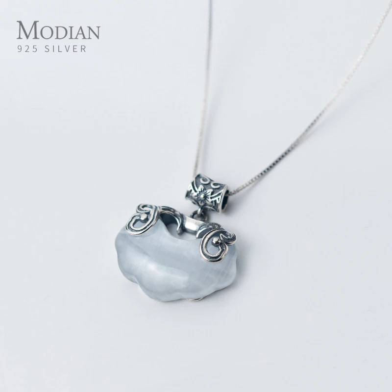 

Modian New Sterling Silver 925 Retro Longevity Lock White Opal Pendant Necklace for Women Ethnic Style Fine Jewelry No Necklace