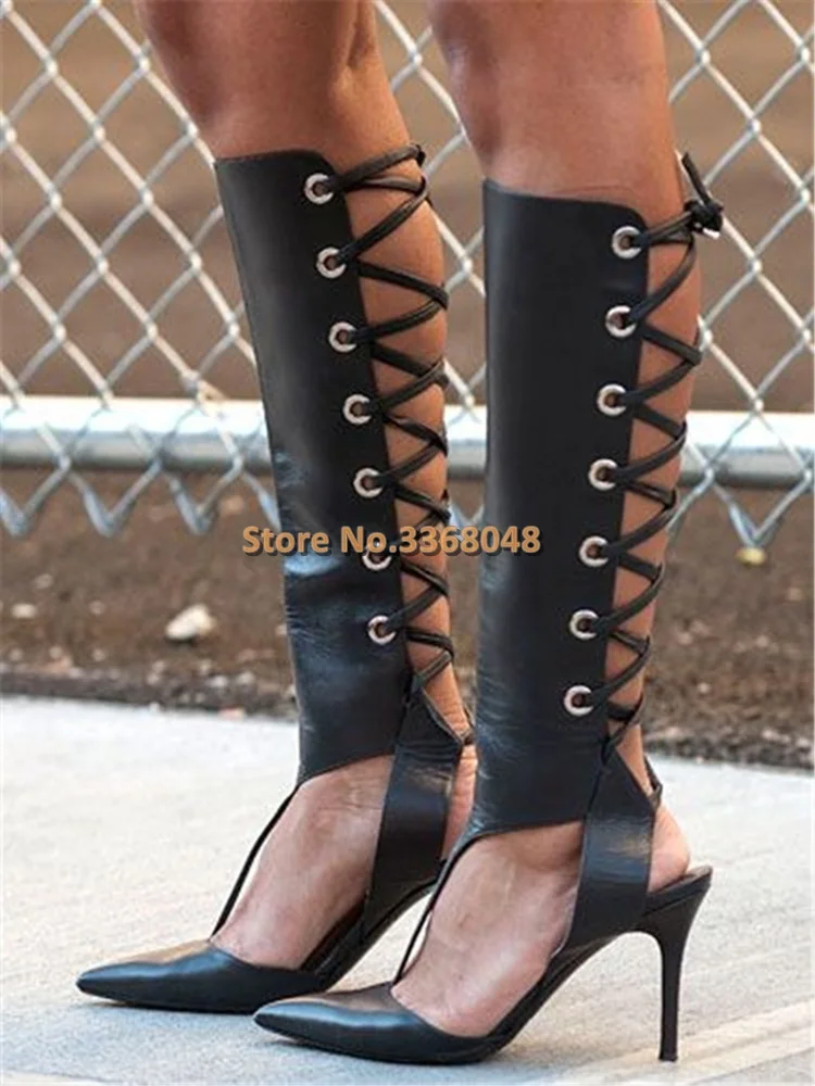 

Lace Up Hollow Roma Boots Knee High Sexy Pointed Stiletto High Heel Cut Out Hollow Shoes T Strap Tie Up Sandal Boots