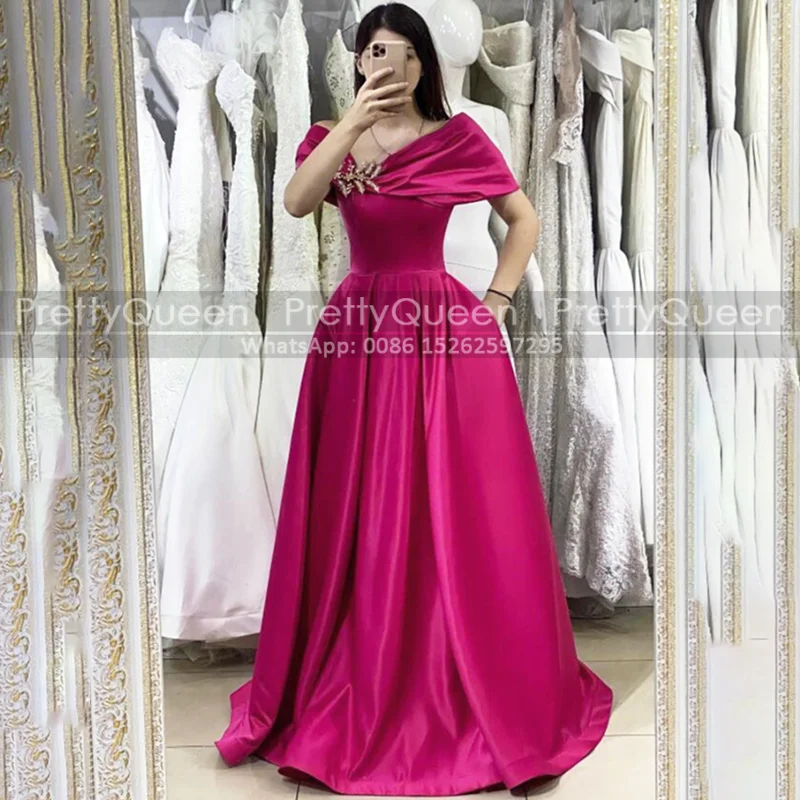 

Modest A Line Long Prom Dresses With Beads Brooch Off Shoulder Hot Pink Satin Clebrity Dress Evening Formal Gown