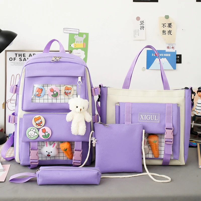 Комплект из 4 предметов, рюкзак для старшей школы для девочек-подростков, 2022, Холщовый модный дорожный женский рюкзак для книг, школьный порт...