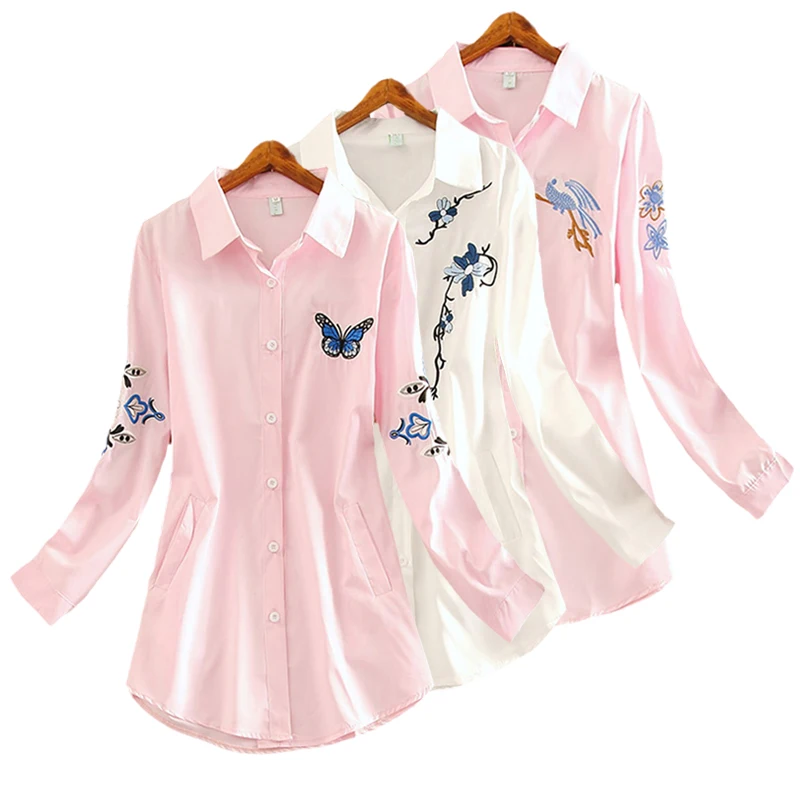 Новая розовая хлопковая блузка с вышивкой женские топы длинным рукавом рубашки