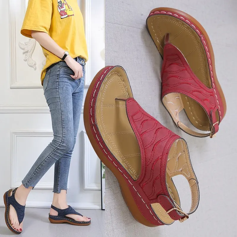 

2021 New Women's Sandals Summer Clip Toe Wedges Thong Shoes Platform Buckle Casual Ladies Beach Shoes Rome Sandals Size 35-43
