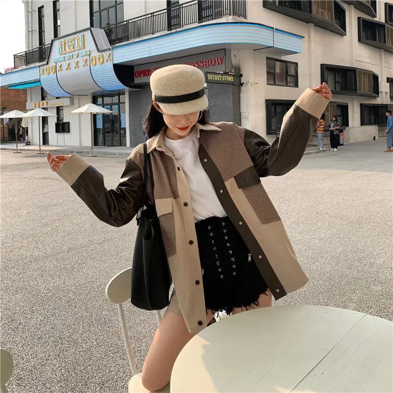 Коробов Harajuku хит Цвет куртка для женщин в стиле пэчворк клетку с длинным рукавом