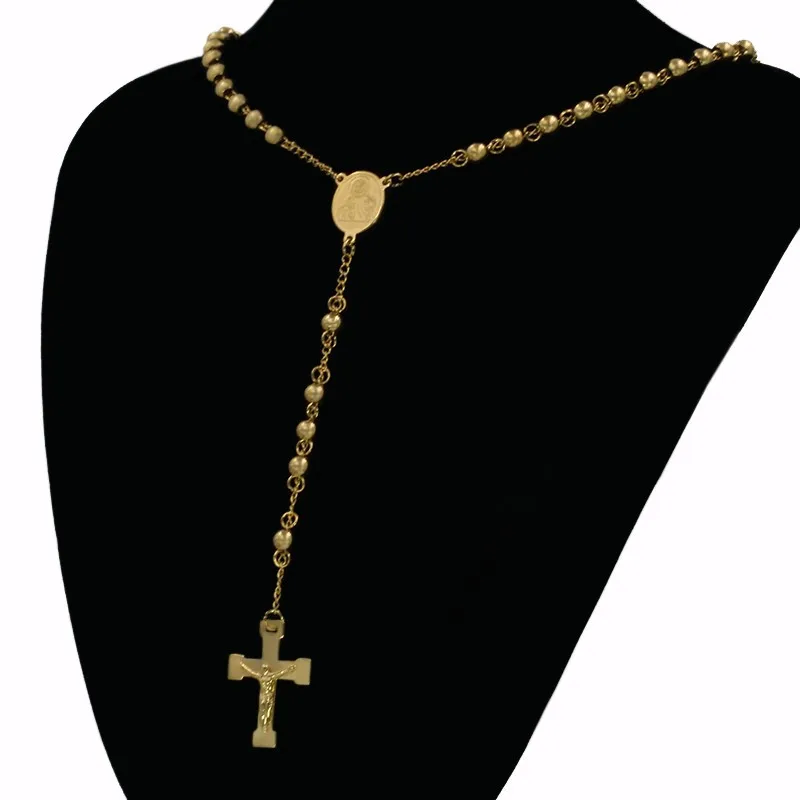 

Men Women Gold Silver Color Stainless Steel Material Cross Pendants Necklace Beaded beads Chain Fashion Hip Hop Jewelry