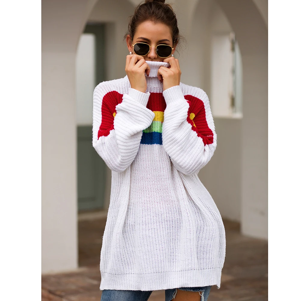 Осенне-зимний Новый стильный женский свободный вязаный свитер с высоким воротом