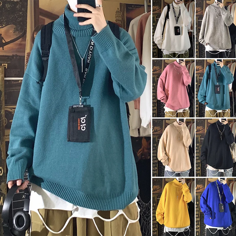 

Autumn Winter Multicolor Turtleneck Sweater Men Warm Fashion Knitted Pullover Men Loose Casual Long-sleeved Sweater Mens Jumper