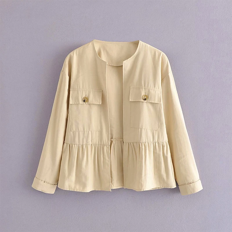 

WXWT Za Fashion Women Laminated Decoration Jacket Long Sleeve Ladies Loose Casual All-Match Coat Solid Tops DWDD86147